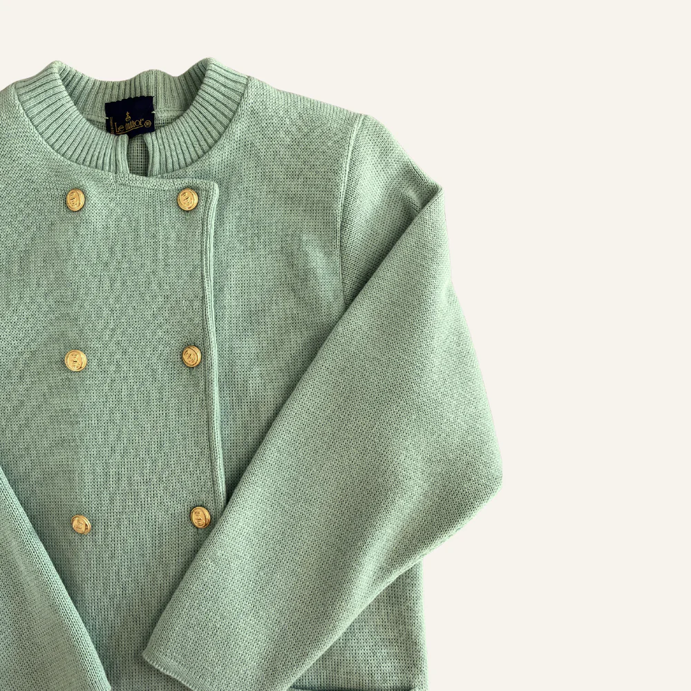 Cardigan vert pastel à boutons dorés en laine vierge pour femme - Seconde main - Image 3
