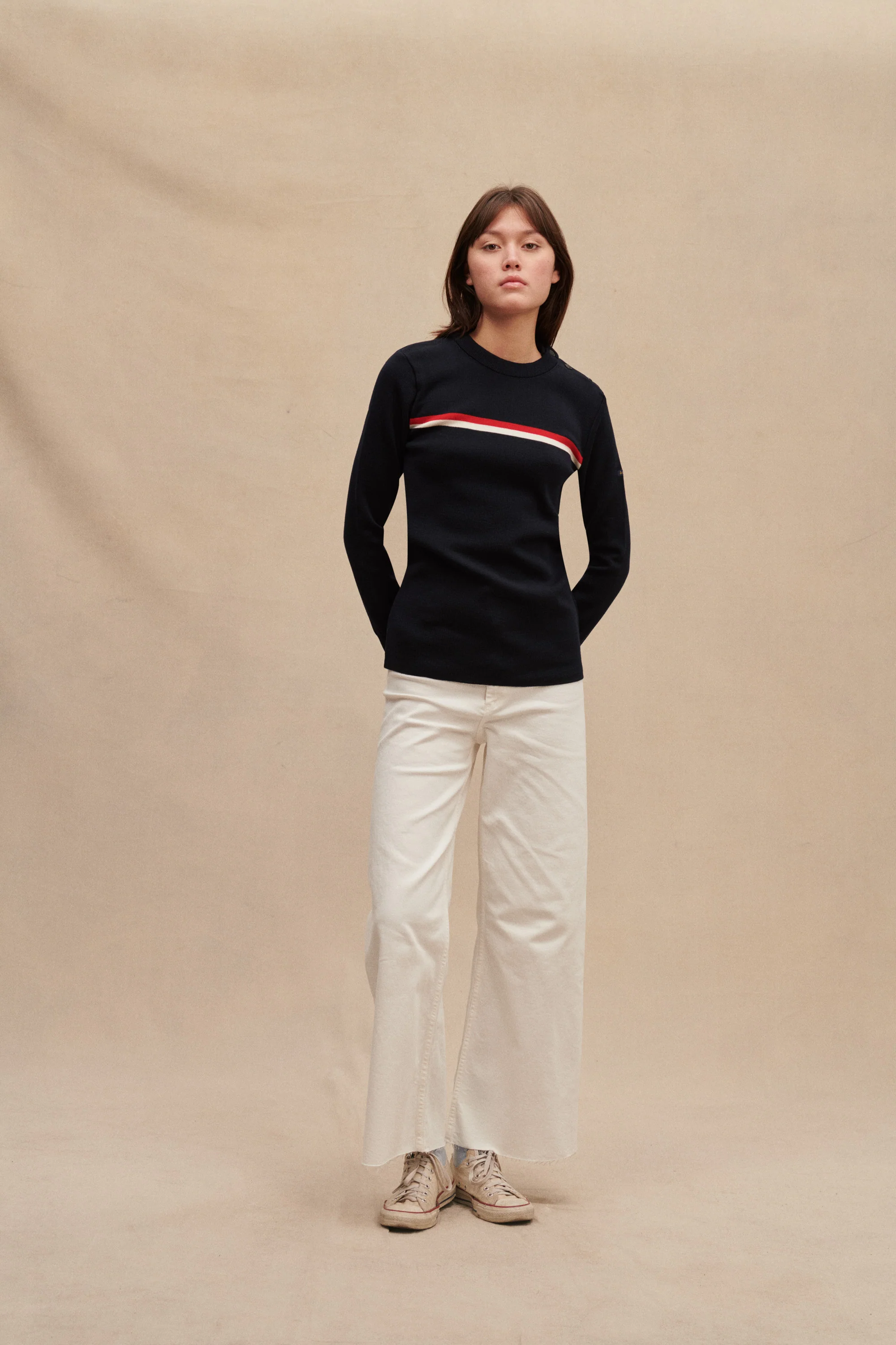 Pull Marin en laine mérinos bleu marine avec rayure pour Femme - Image 3