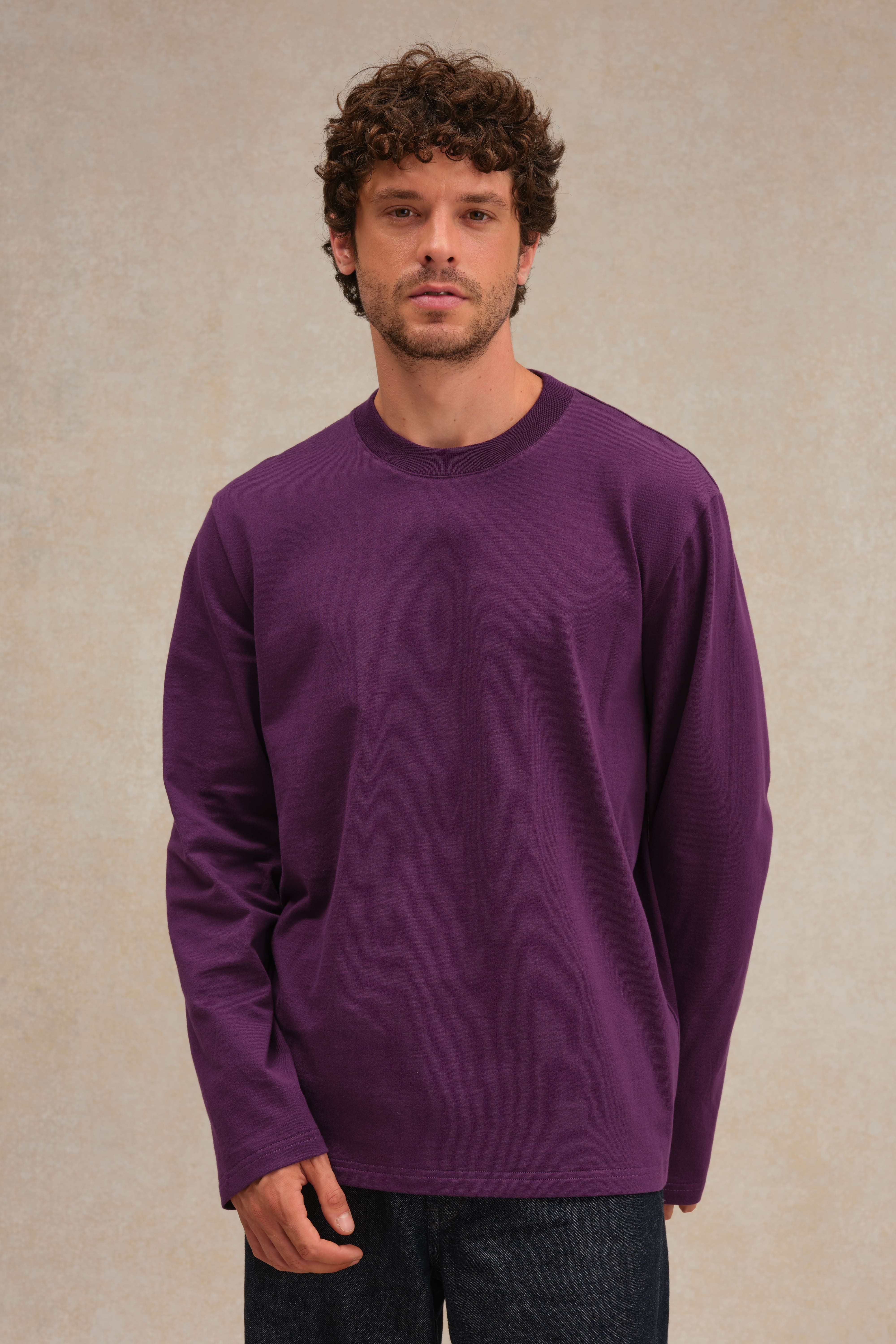 T-shirt prune à manches longues en coton pour homme