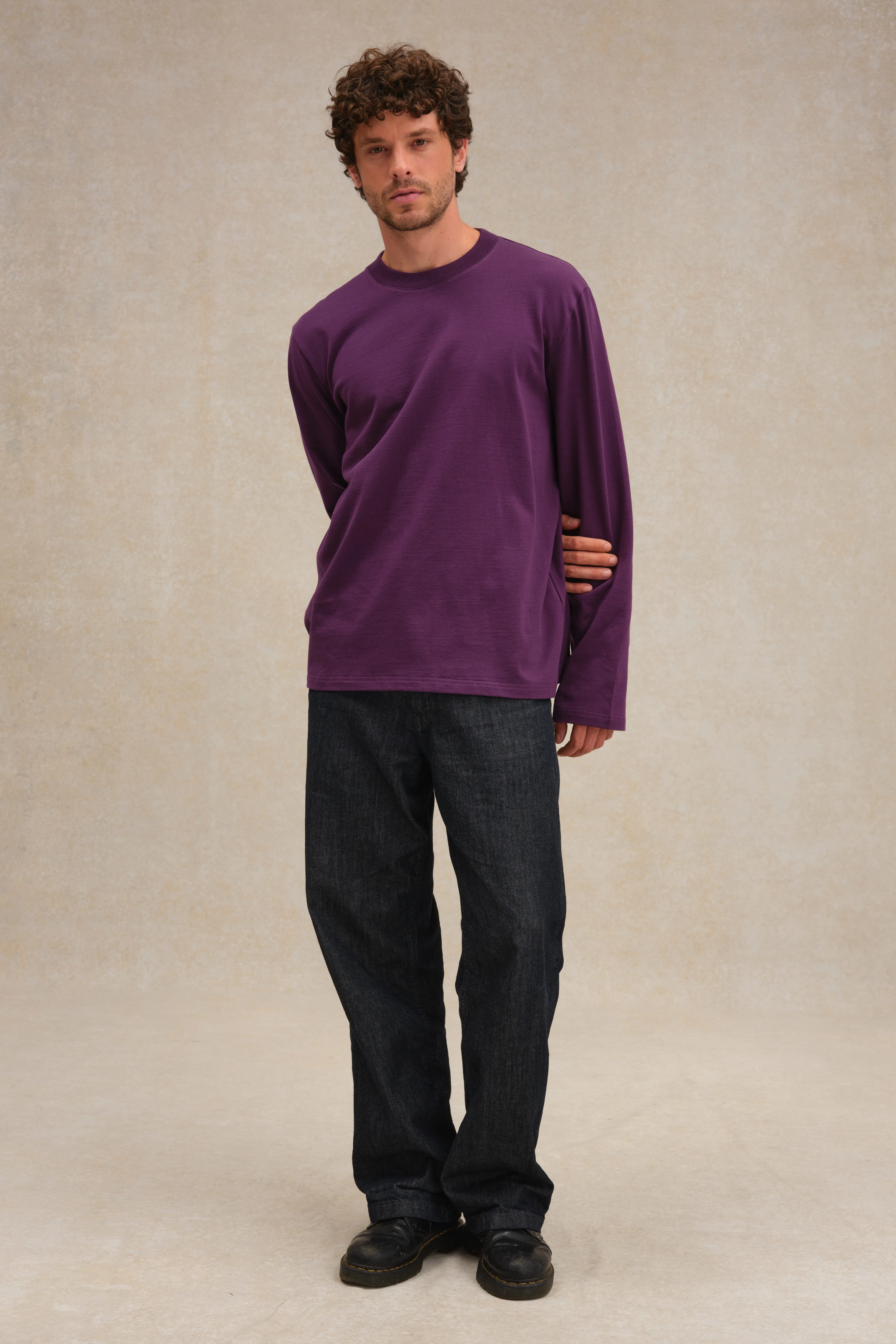 T-shirt prune à manches longues en coton pour homme - Image 3