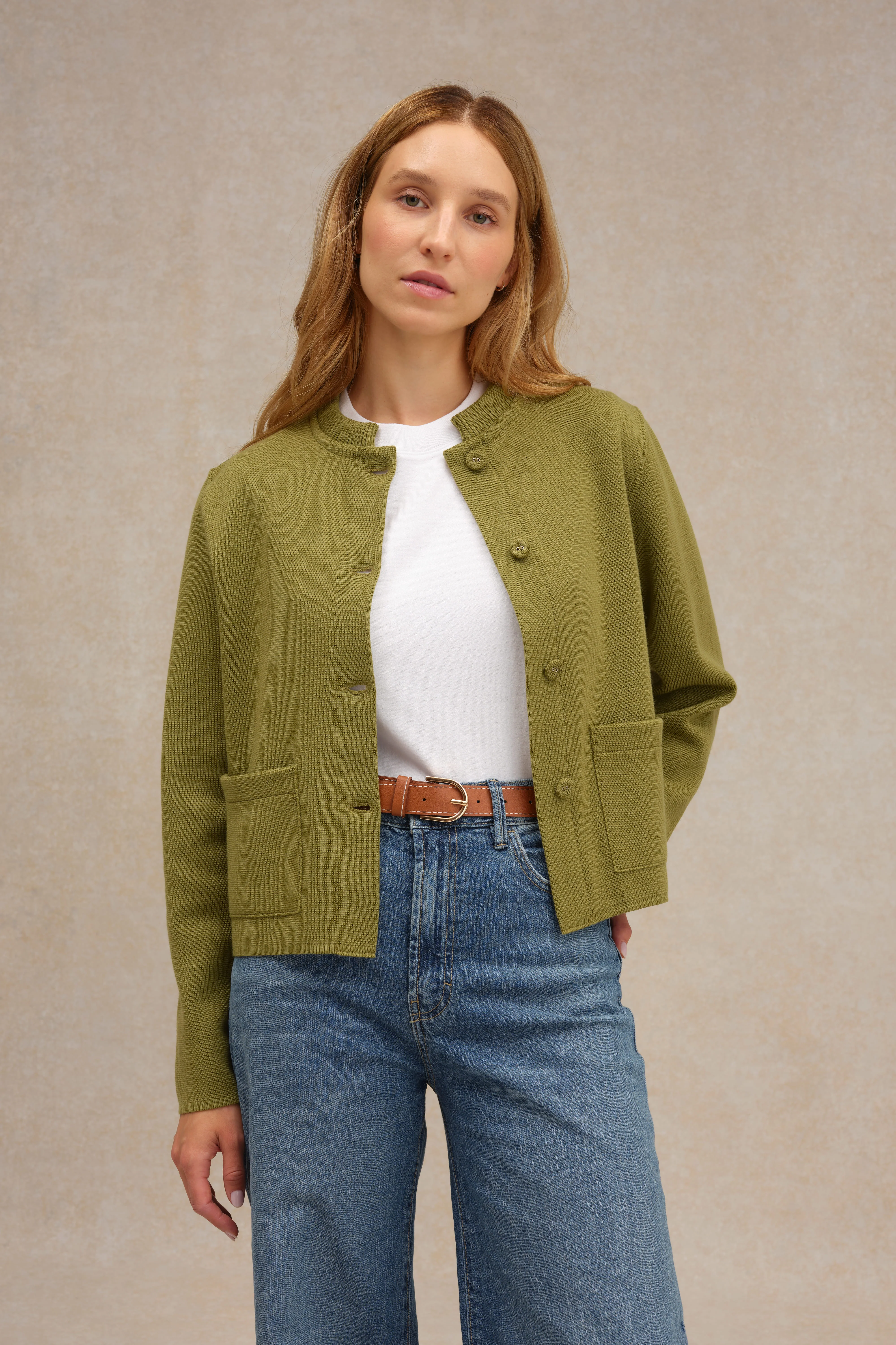Veste à col Mao olive acide en maille Milano pour femme